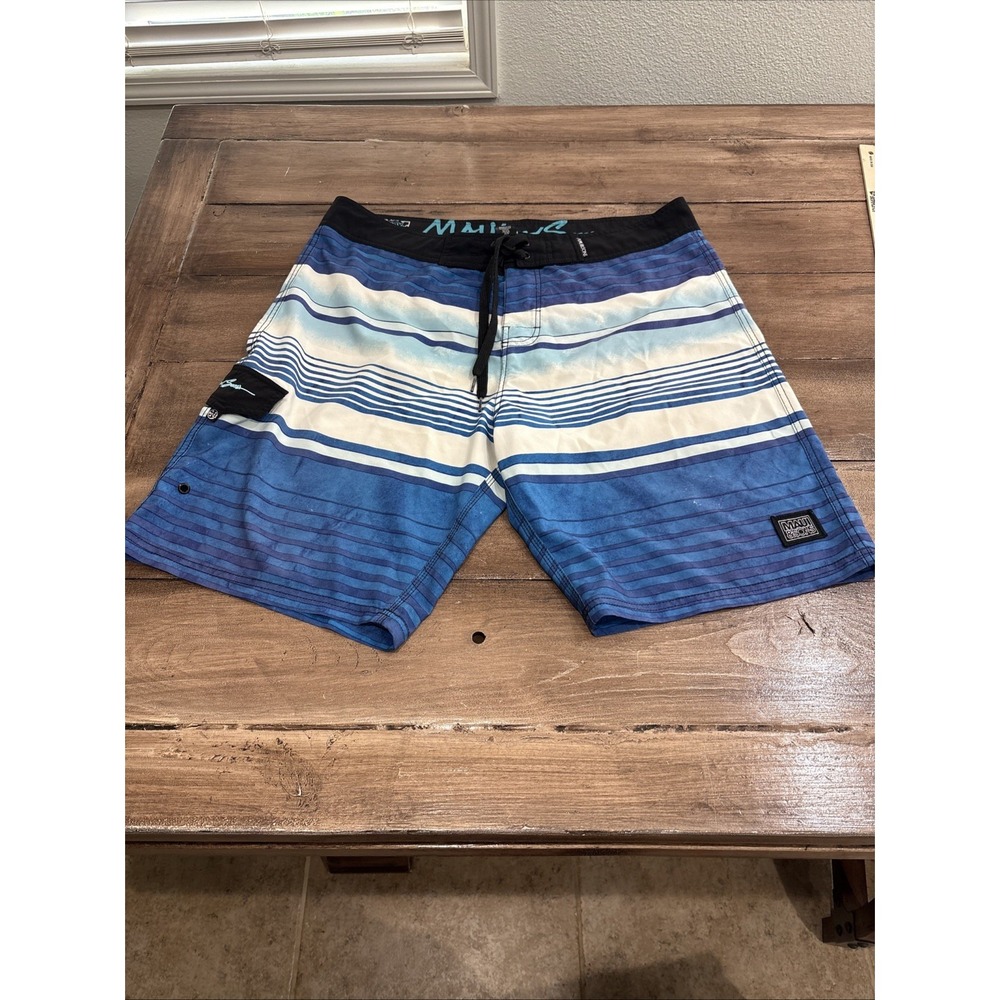 Board Shorts MAUI AND SONS Black shark Stretch  White Blue  Swim Trunk Sz 36